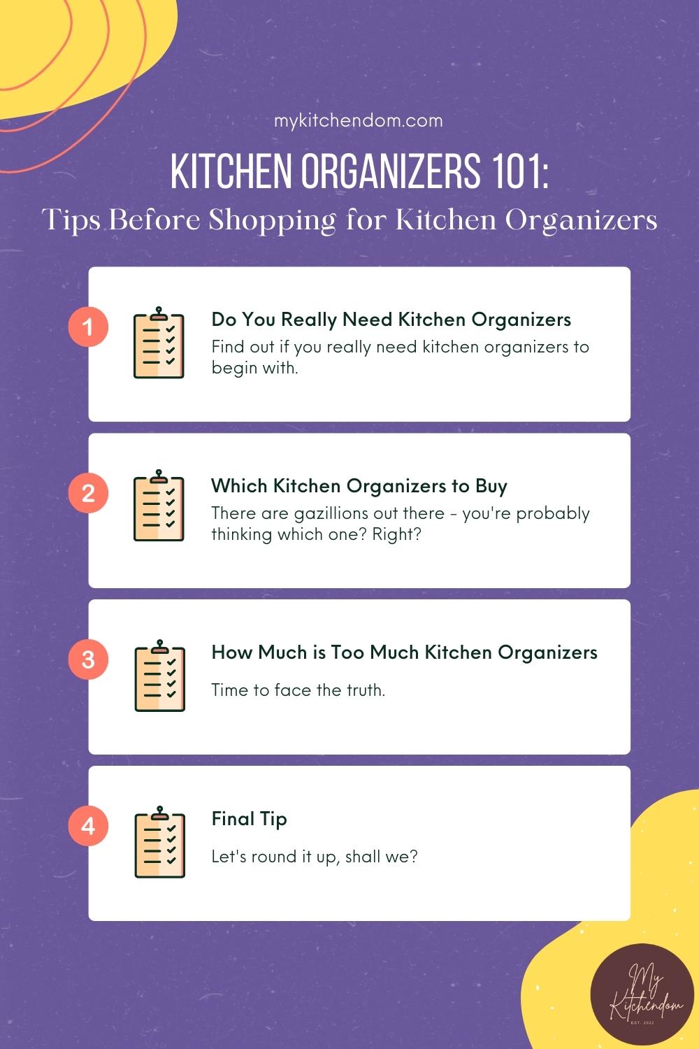 info card about the article Kitchen Organizers 101, tips before shopping for kitchen organizers by Kitchendom