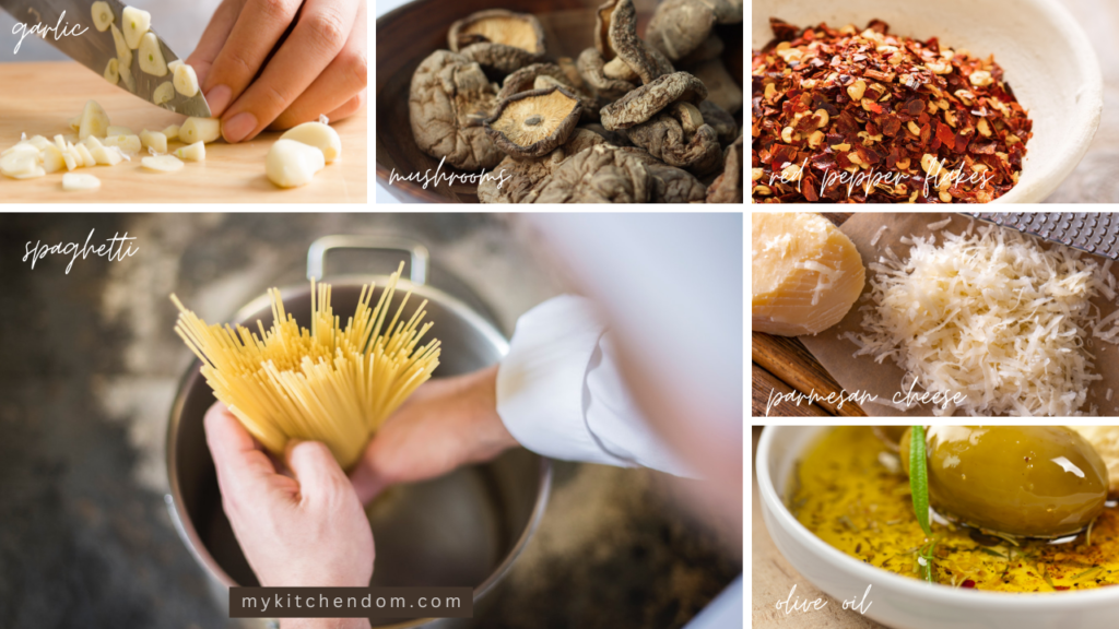 Spaghetti Aglio e Olio with Mushroom ingredients, representing the article "Tessa’s Spaghetti Aglio e Olio with Mushroom" by My Kitchendom