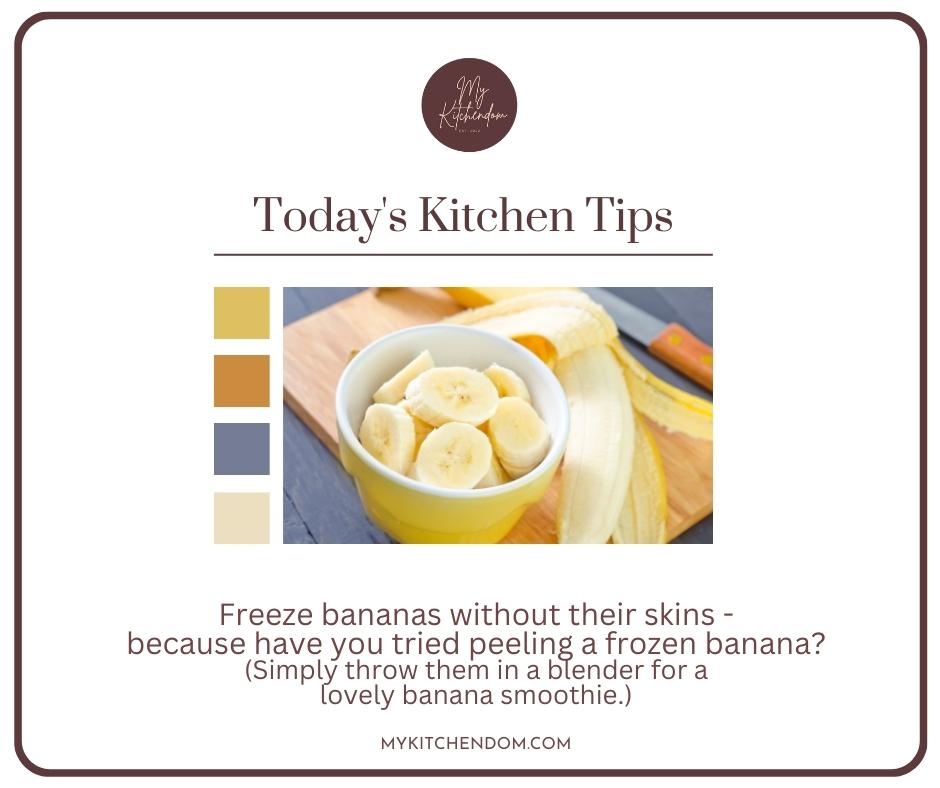 yellow and white bowl with sliced banana on a wooden chopping board with banana peel beside it