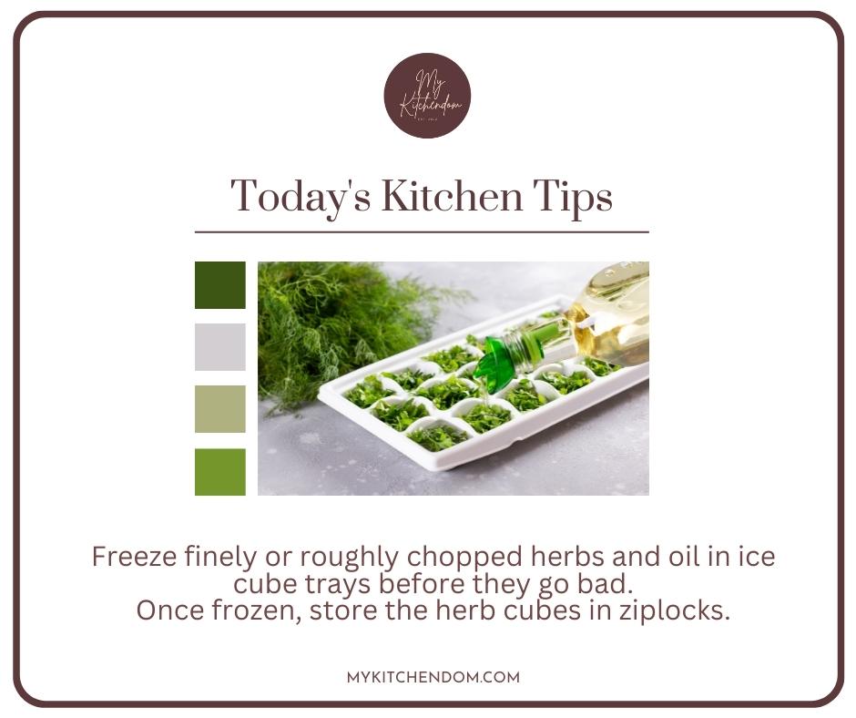 white ice tray with olive oil and chopped herbs