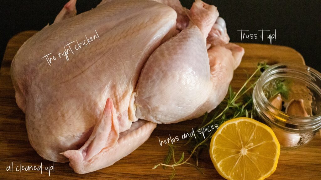 ingredients including raw chicken, herbs, and spices for how to roast chicken